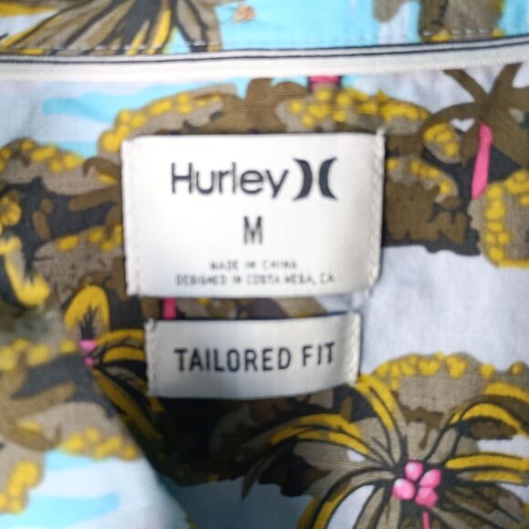 Hurley Hawaiian Shirt Men Medium Blue Scenic Palm Tree Flamingo Tailored Fit - Picture 2 of 9